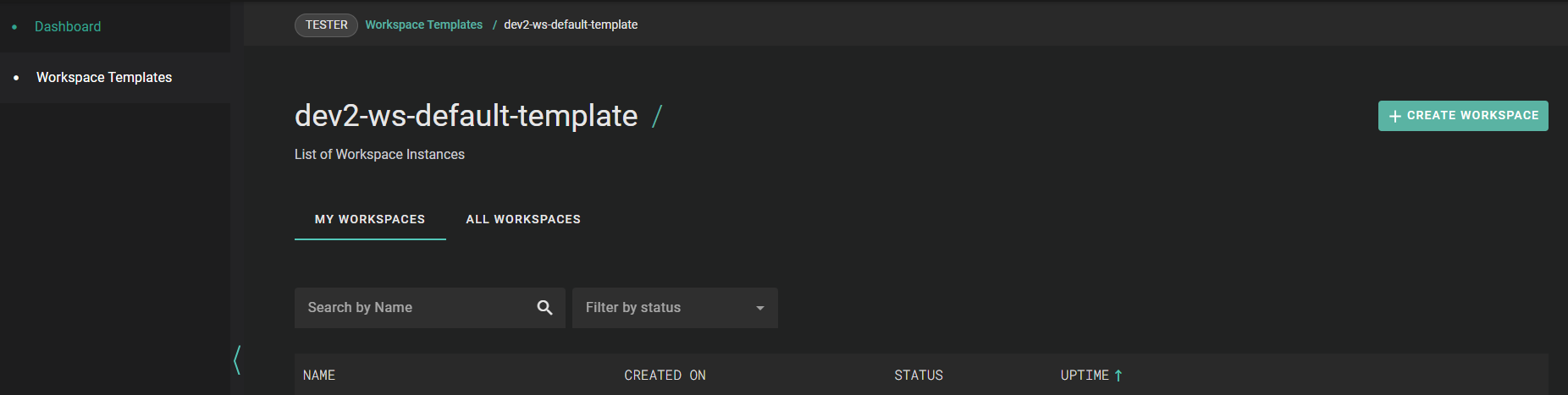 Dark-themed dashboard interface showing a workspace template labeled "dev2-ws-default-template." Features include a search bar, filter options, and a button to create a new workspace on the right.