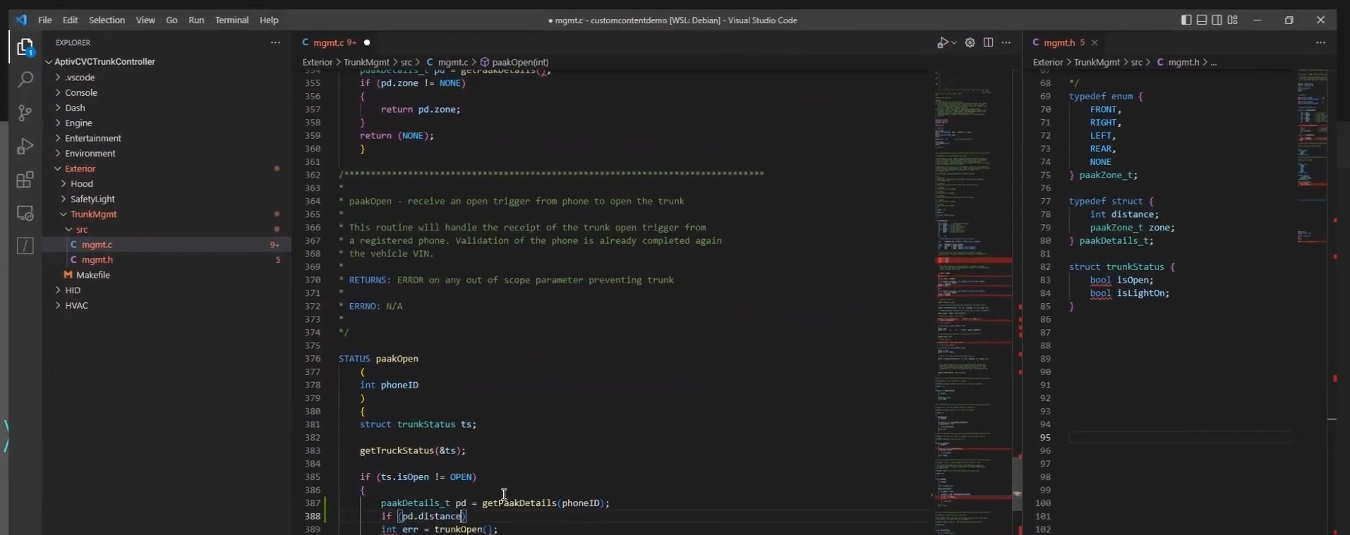 Screenshot of Visual Studio Code featuring a dark-themed interface. The left side displays a file explorer with folders and files. The central area shows code involving functions and comments, while the right panel contains structured data in JSON format. The environment appears focused and technical.