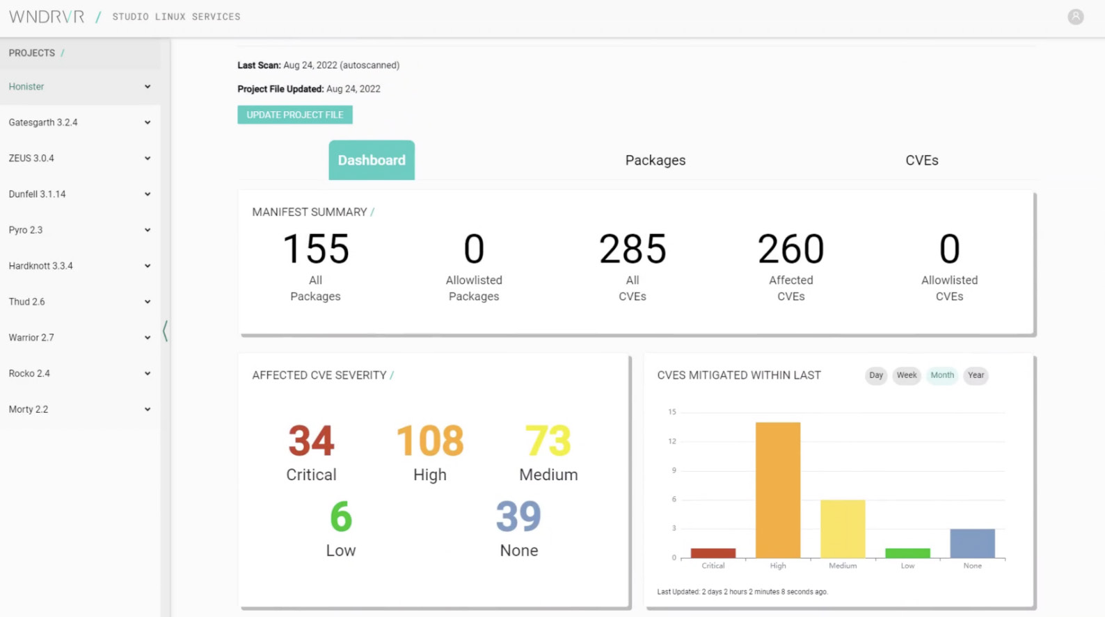 The Wind River Studio security scanner provides an easy-to-navigate dashboard to      quickly identify critical security vulnerabilities
