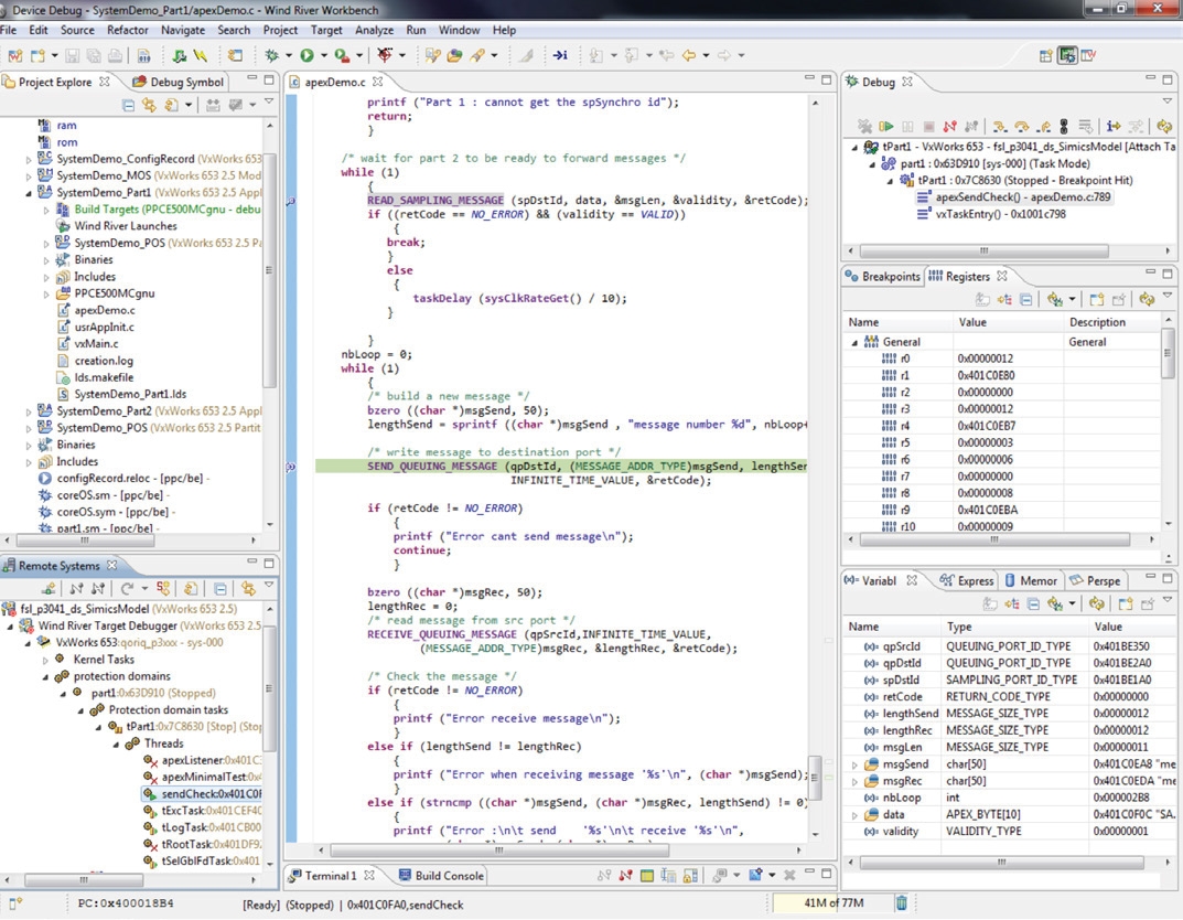 Figure 4: Wind River Workbench showing VxWorks 653 partition debugging