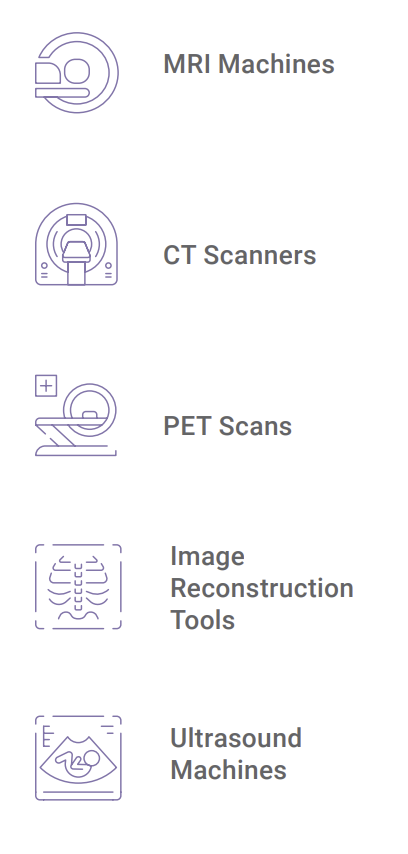 Icons representing medical imaging tools: MRI machines, CT scanners, PET scans, image reconstruction tools with an X-ray, and ultrasound machines.