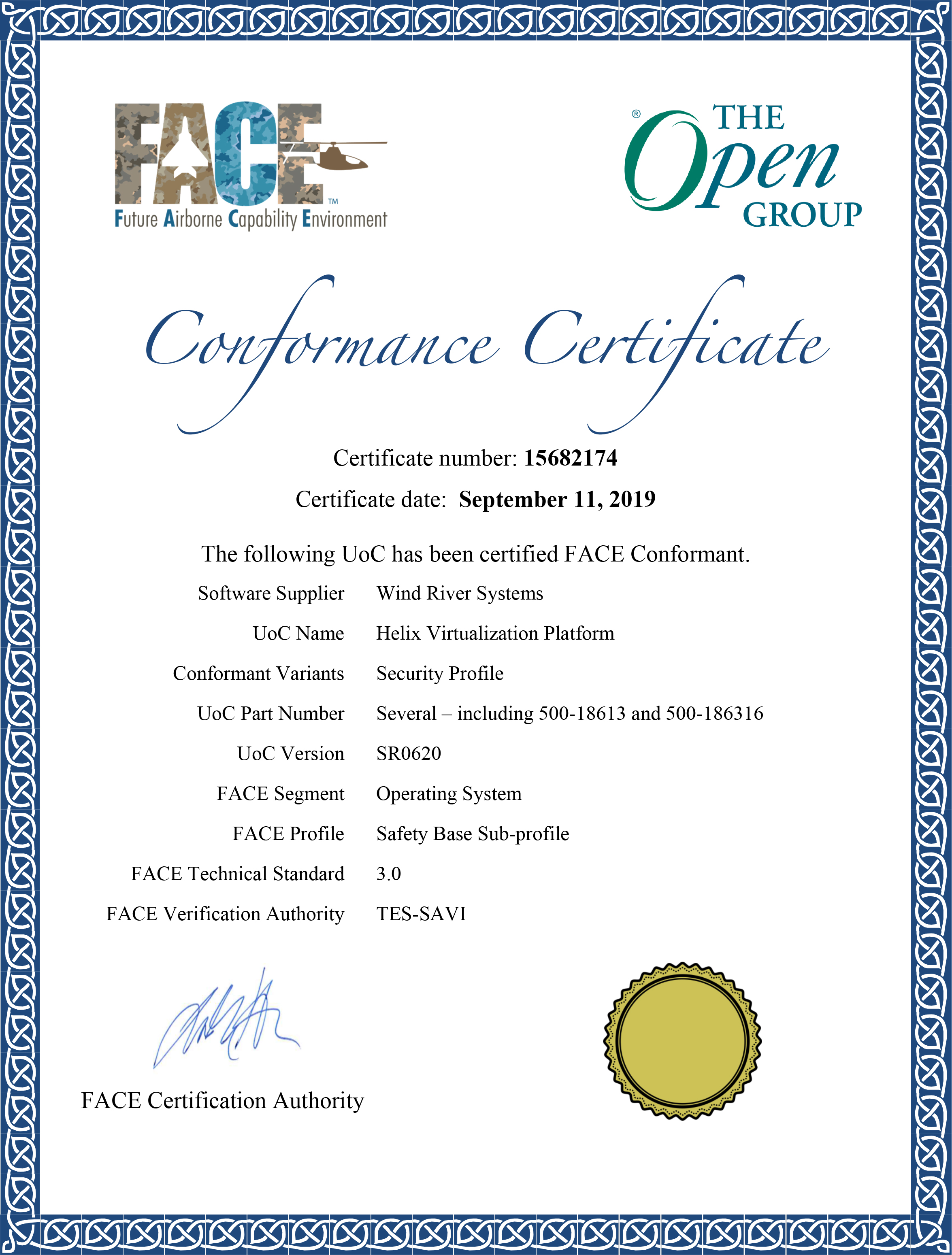 FACE Conformance Certificate